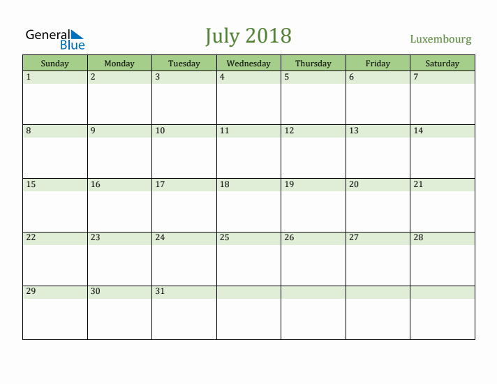 July 2018 Calendar with Luxembourg Holidays