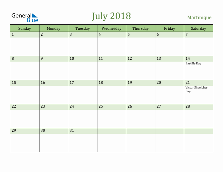 July 2018 Calendar with Martinique Holidays