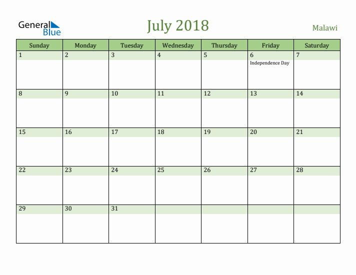 July 2018 Calendar with Malawi Holidays