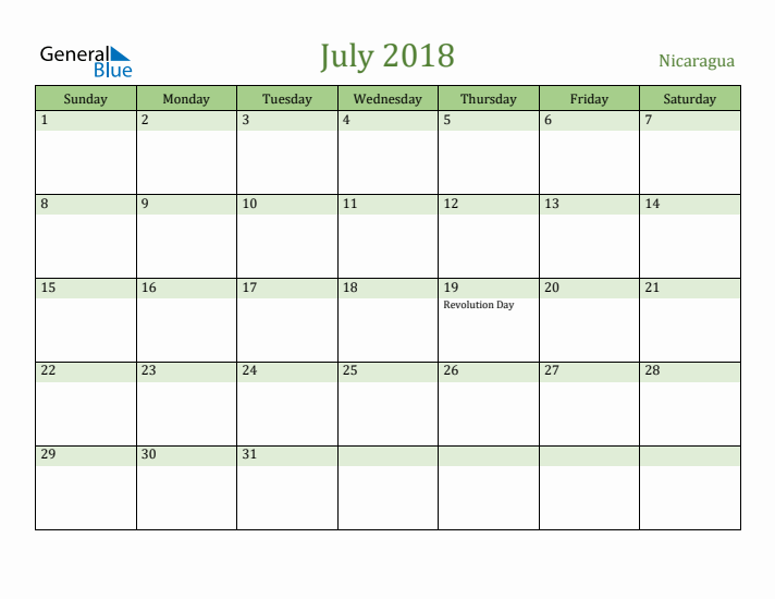 July 2018 Calendar with Nicaragua Holidays