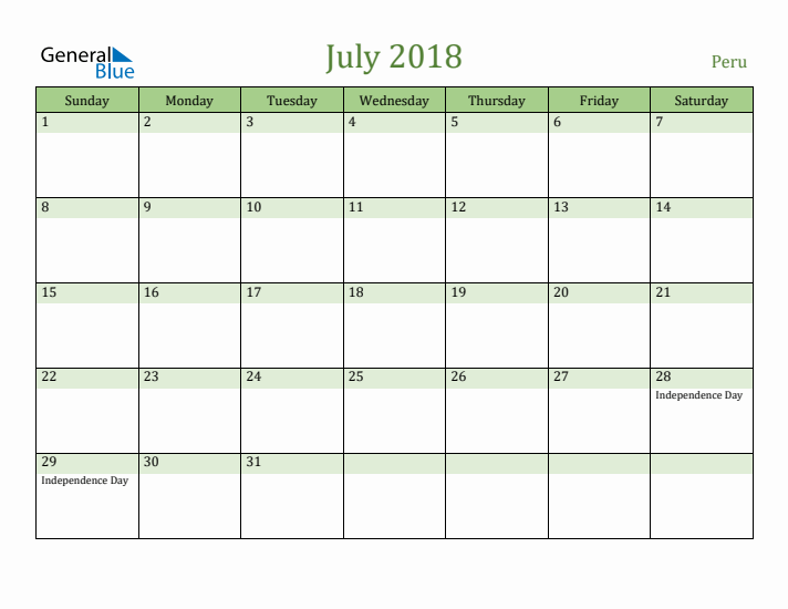 July 2018 Calendar with Peru Holidays