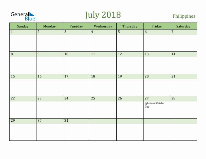 July 2018 Calendar with Philippines Holidays