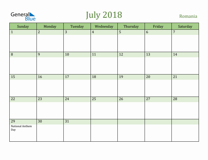 July 2018 Calendar with Romania Holidays