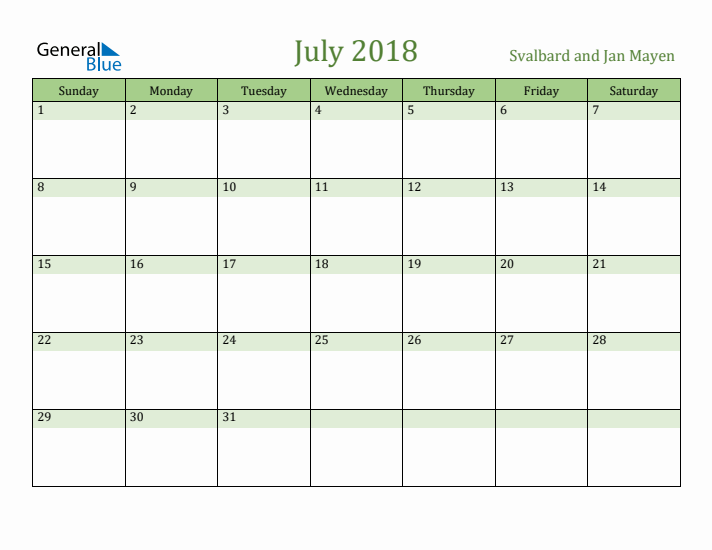 July 2018 Calendar with Svalbard and Jan Mayen Holidays