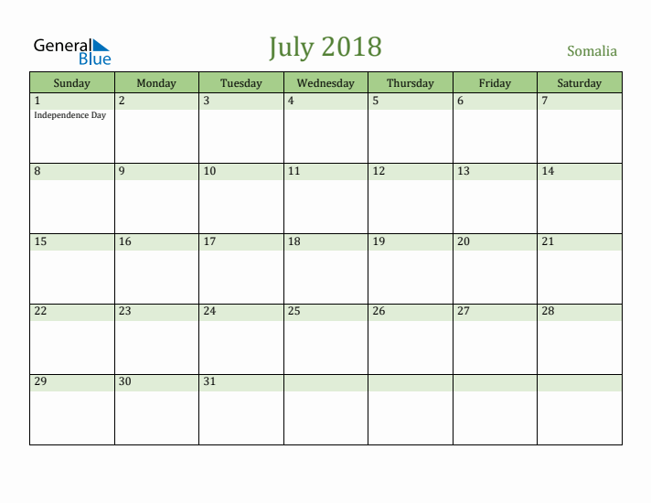 July 2018 Calendar with Somalia Holidays