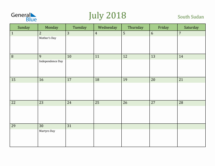 July 2018 Calendar with South Sudan Holidays