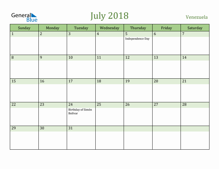 July 2018 Calendar with Venezuela Holidays