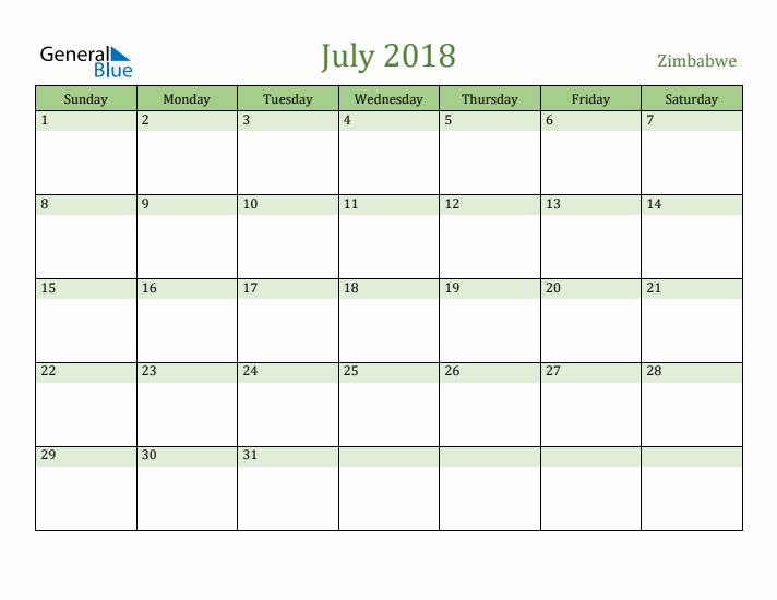 July 2018 Calendar with Zimbabwe Holidays
