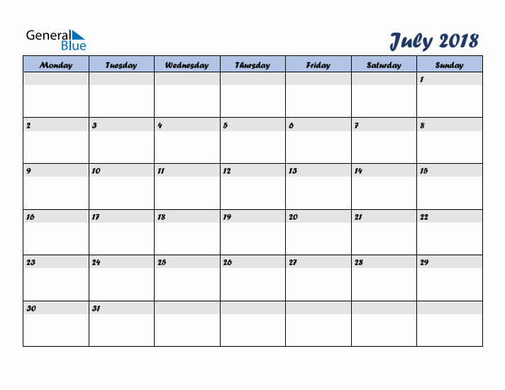 July 2018 Blue Calendar (Monday Start)
