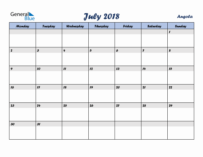 July 2018 Calendar with Holidays in Angola