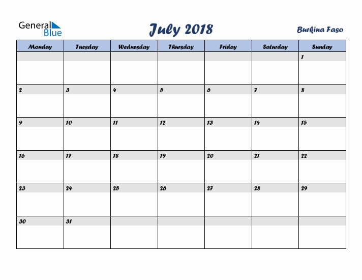 July 2018 Calendar with Holidays in Burkina Faso