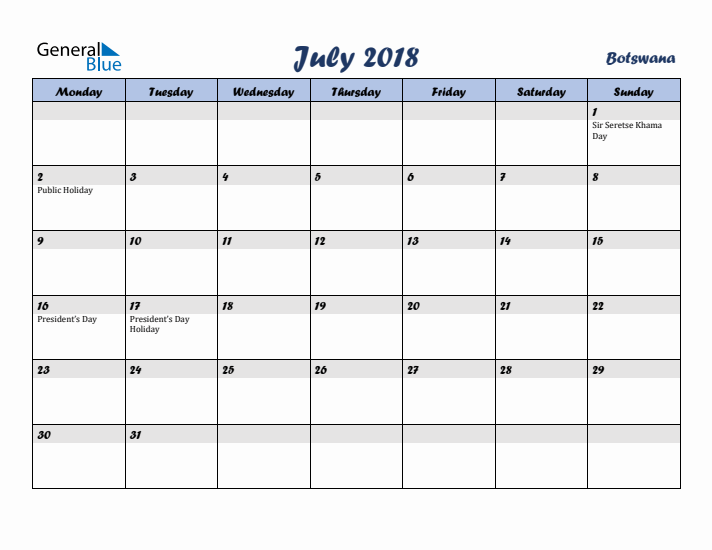 July 2018 Calendar with Holidays in Botswana