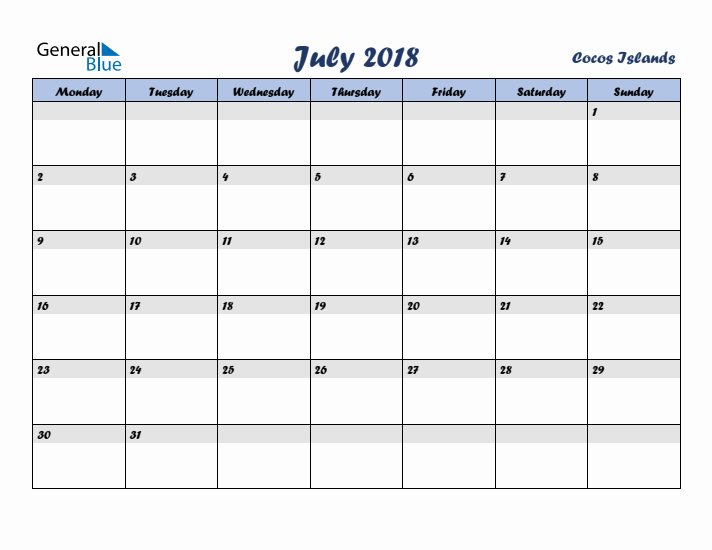 July 2018 Calendar with Holidays in Cocos Islands
