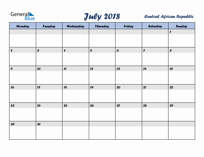 July 2018 Calendar with Holidays in Central African Republic