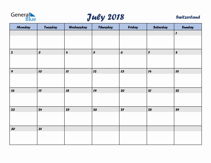 July 2018 Calendar with Holidays in Switzerland