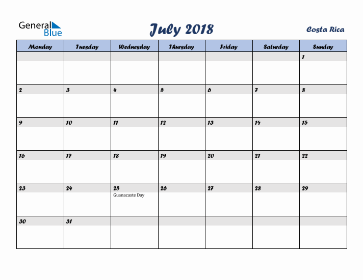 July 2018 Calendar with Holidays in Costa Rica