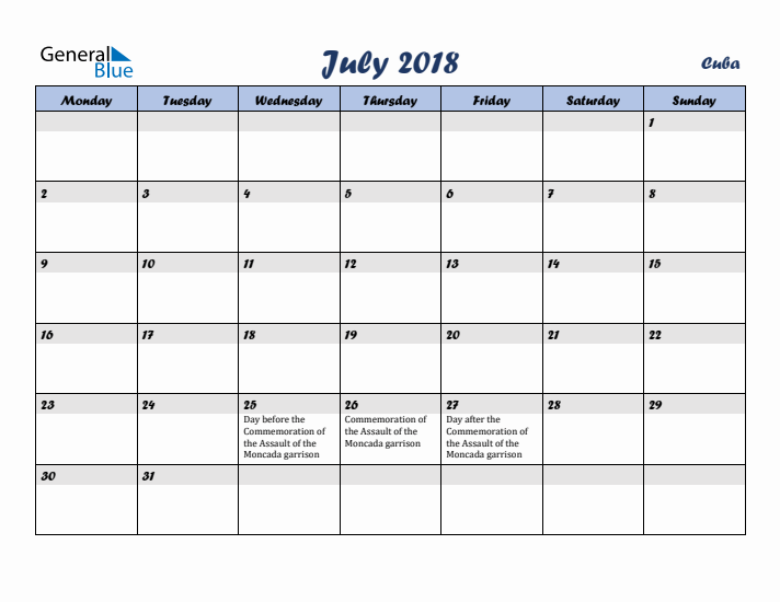 July 2018 Calendar with Holidays in Cuba