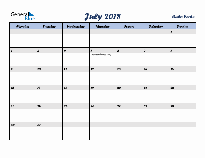 July 2018 Calendar with Holidays in Cabo Verde