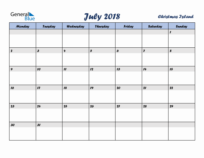 July 2018 Calendar with Holidays in Christmas Island
