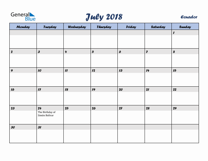 July 2018 Calendar with Holidays in Ecuador