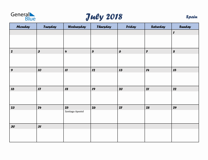 July 2018 Calendar with Holidays in Spain