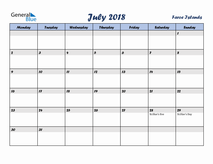 July 2018 Calendar with Holidays in Faroe Islands
