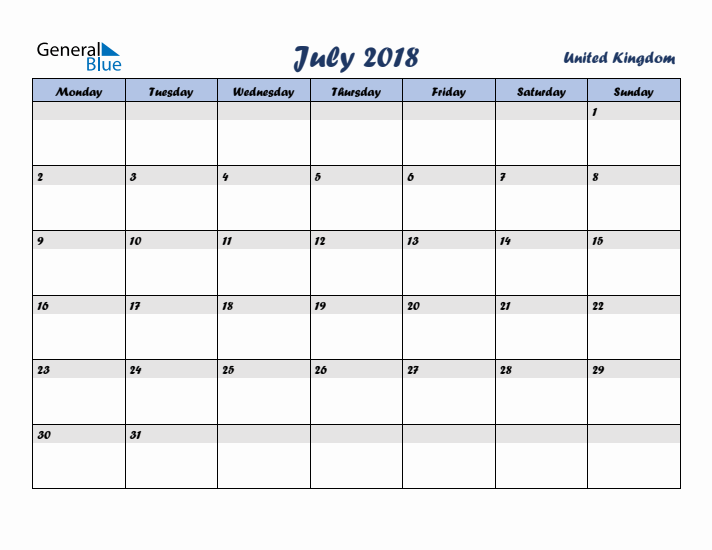 July 2018 Calendar with Holidays in United Kingdom