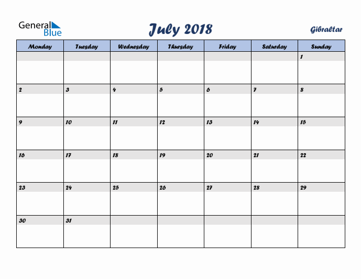 July 2018 Calendar with Holidays in Gibraltar