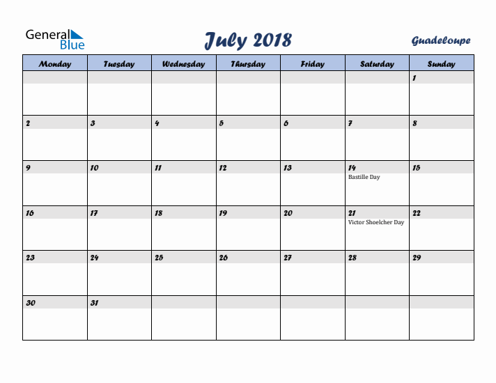 July 2018 Calendar with Holidays in Guadeloupe