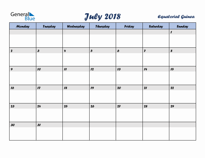 July 2018 Calendar with Holidays in Equatorial Guinea