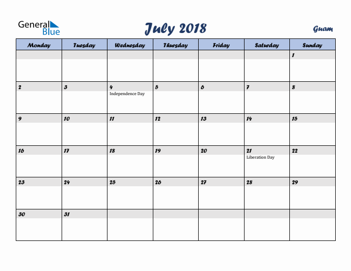 July 2018 Calendar with Holidays in Guam