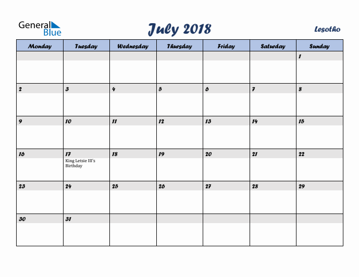 July 2018 Calendar with Holidays in Lesotho