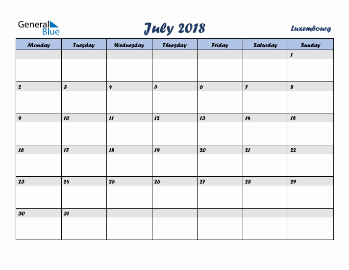 July 2018 Calendar with Holidays in Luxembourg