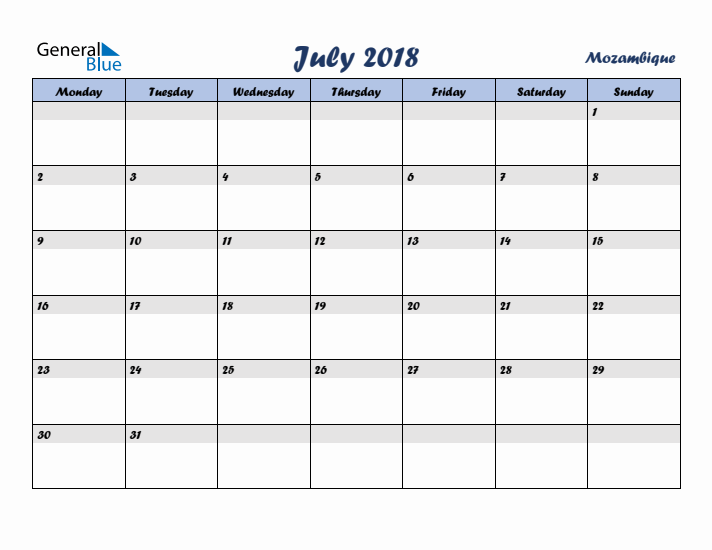 July 2018 Calendar with Holidays in Mozambique