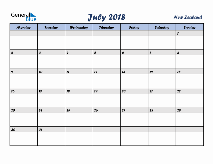 July 2018 Calendar with Holidays in New Zealand