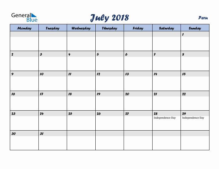 July 2018 Calendar with Holidays in Peru