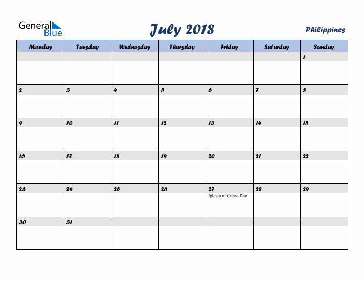 July 2018 Calendar with Holidays in Philippines