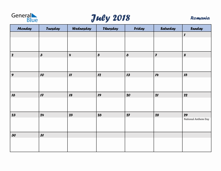 July 2018 Calendar with Holidays in Romania