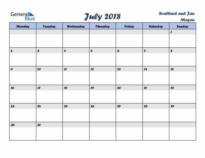 July 2018 Calendar with Holidays in Svalbard and Jan Mayen
