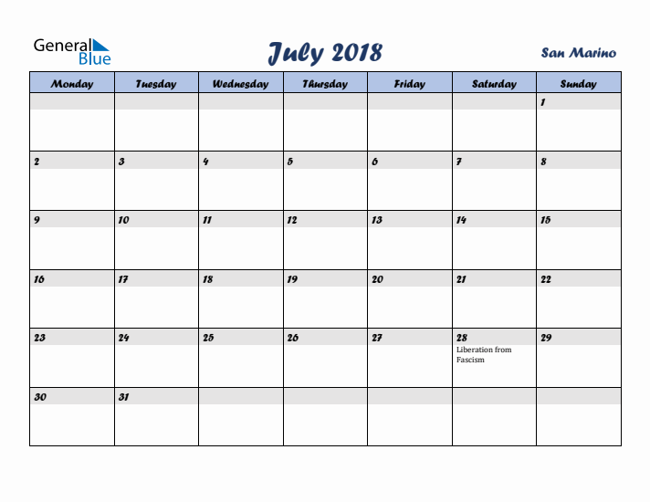 July 2018 Calendar with Holidays in San Marino