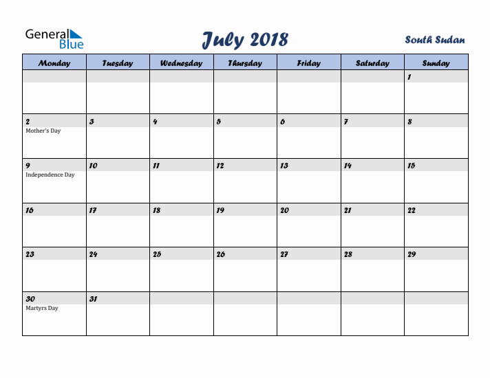 July 2018 Calendar with Holidays in South Sudan