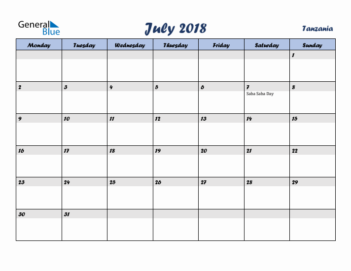 July 2018 Calendar with Holidays in Tanzania