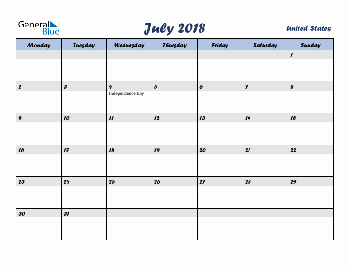 July 2018 Calendar with Holidays in United States