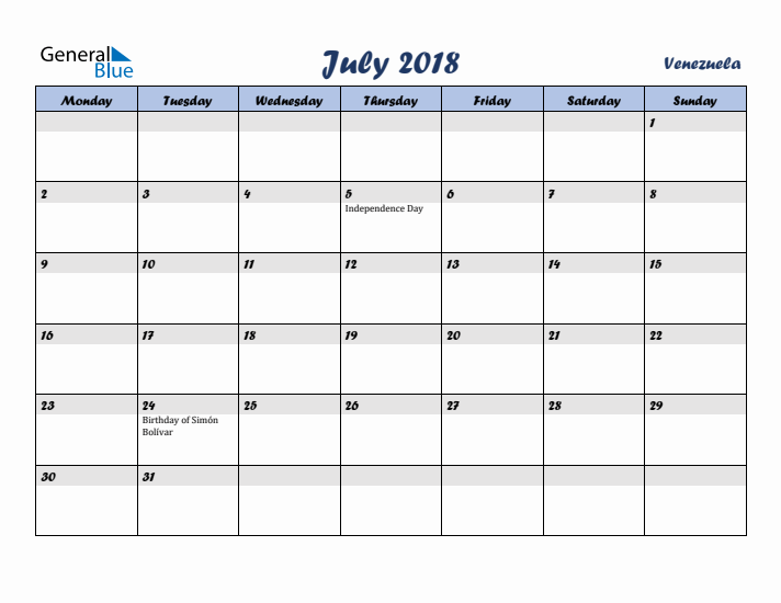July 2018 Calendar with Holidays in Venezuela
