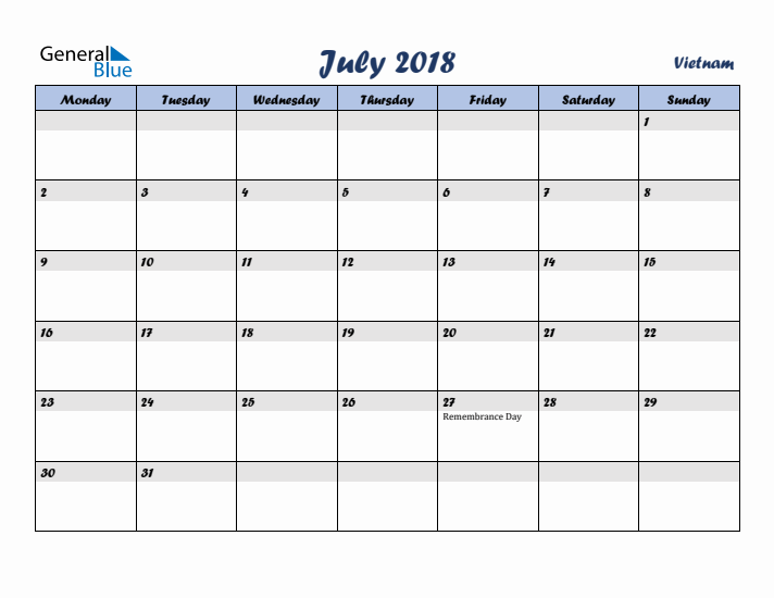 July 2018 Calendar with Holidays in Vietnam