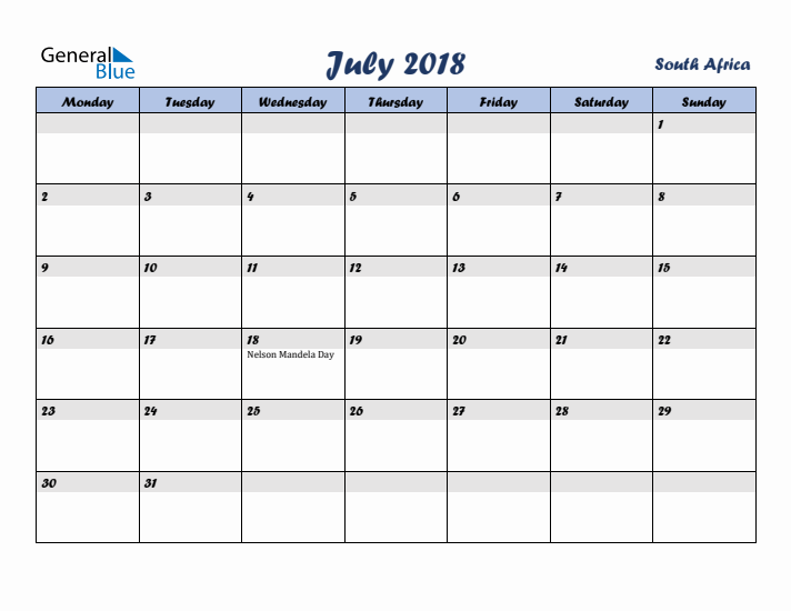 July 2018 Calendar with Holidays in South Africa