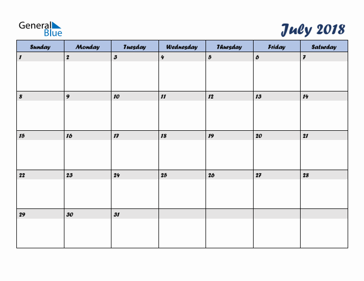 July 2018 Blue Calendar (Sunday Start)
