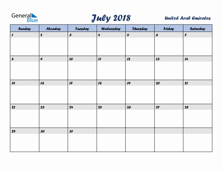 July 2018 Calendar with Holidays in United Arab Emirates