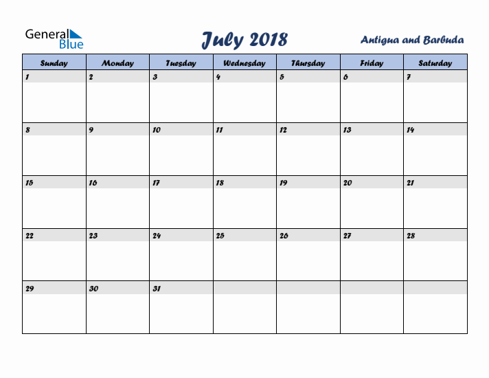 July 2018 Calendar with Holidays in Antigua and Barbuda