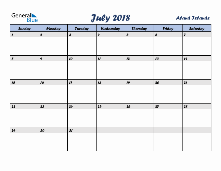 July 2018 Calendar with Holidays in Aland Islands